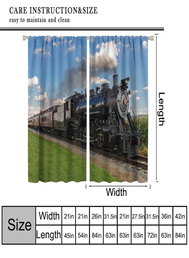 AAVEUP Trains Curtains, Blue Sky Country Field Vintage Black Steam Train Pattern Windows Treatments Rod Pocket Drapes for Kids Boys Juvenile Living Room Bedroom 42x45in（No Blackout） - Image 2